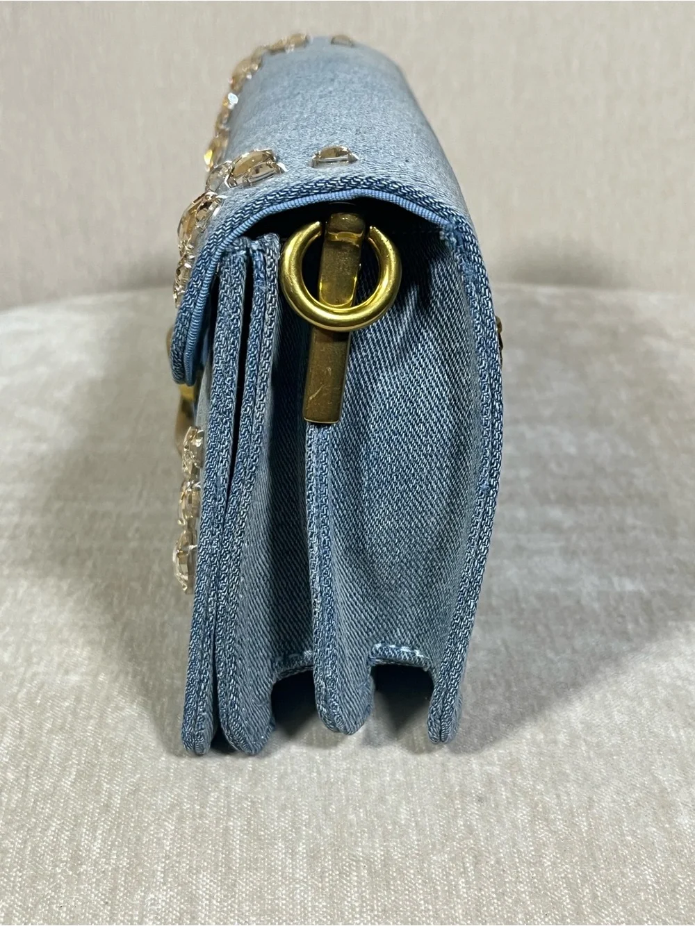Coach Light Blue Denim Crystal-Embellished Clutch with Gold 'C'